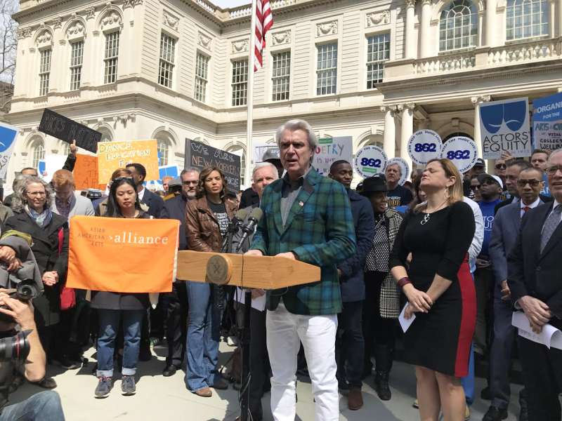 David speaking on the steps of NY City Hall for NEA rally