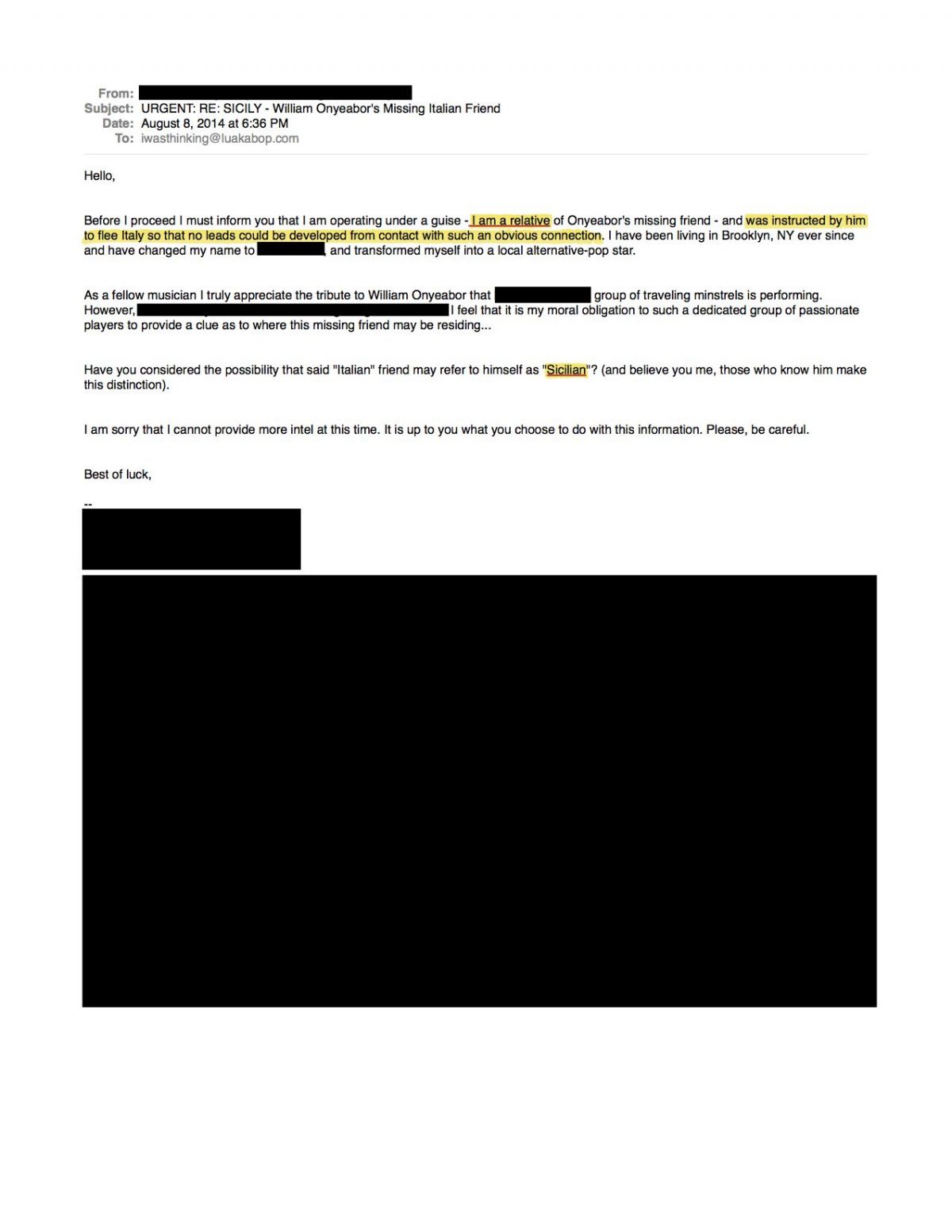 Email from supposed relative of Onyeabor's missing friend.