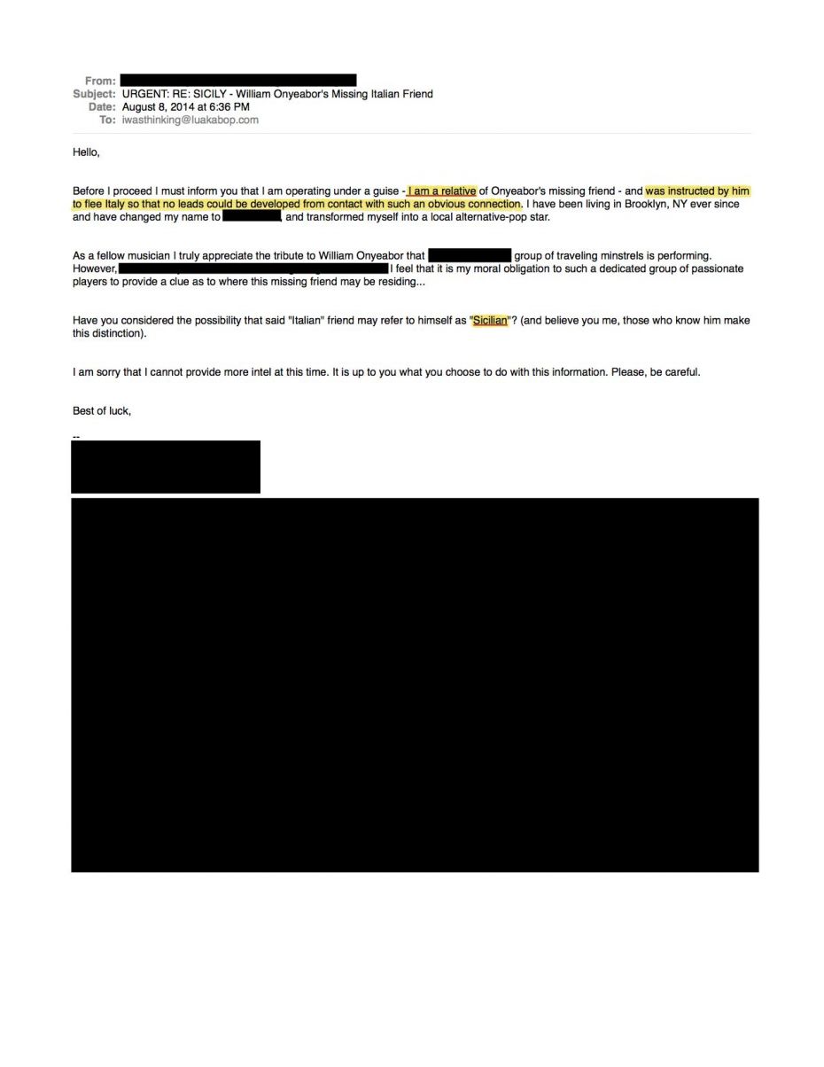 Email from supposed relative of Onyeabor's missing friend.