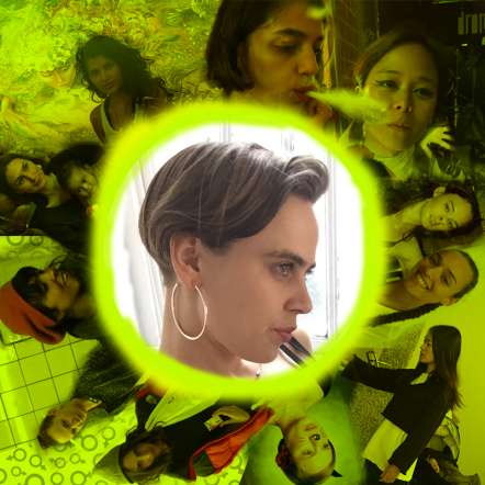 Image of Camilla Wasserman's head outlined in a bright green circle, surrounded by the heads of other women's faces tinted with bright green